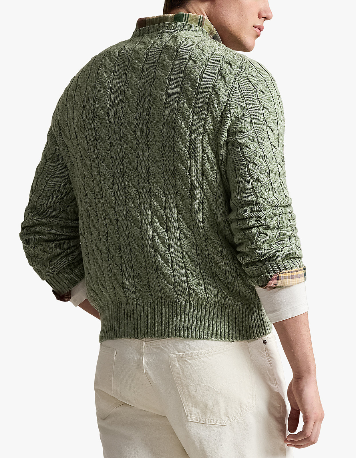 Cable Knit Cotton Sweater - Fern Green Heather