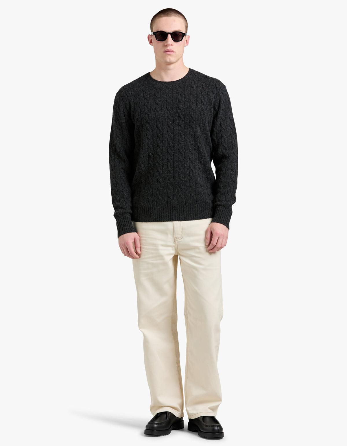 Long Sleeve Cable Knit Sweater - Dark Granite Hthr
