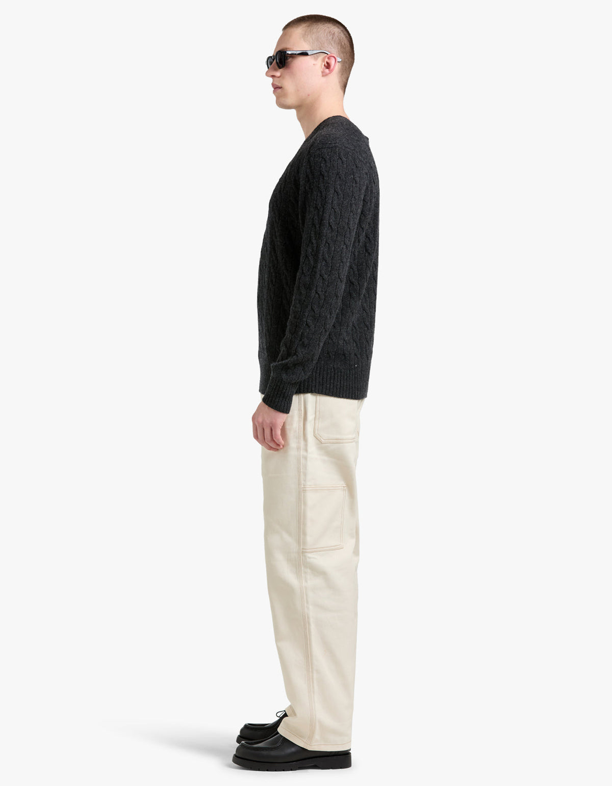Long Sleeve Cable Knit Sweater - Dark Granite Hthr
