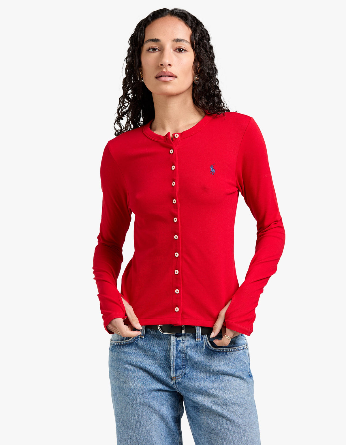 Stretch Mesh Cotton Crewneck Cardigan - Red