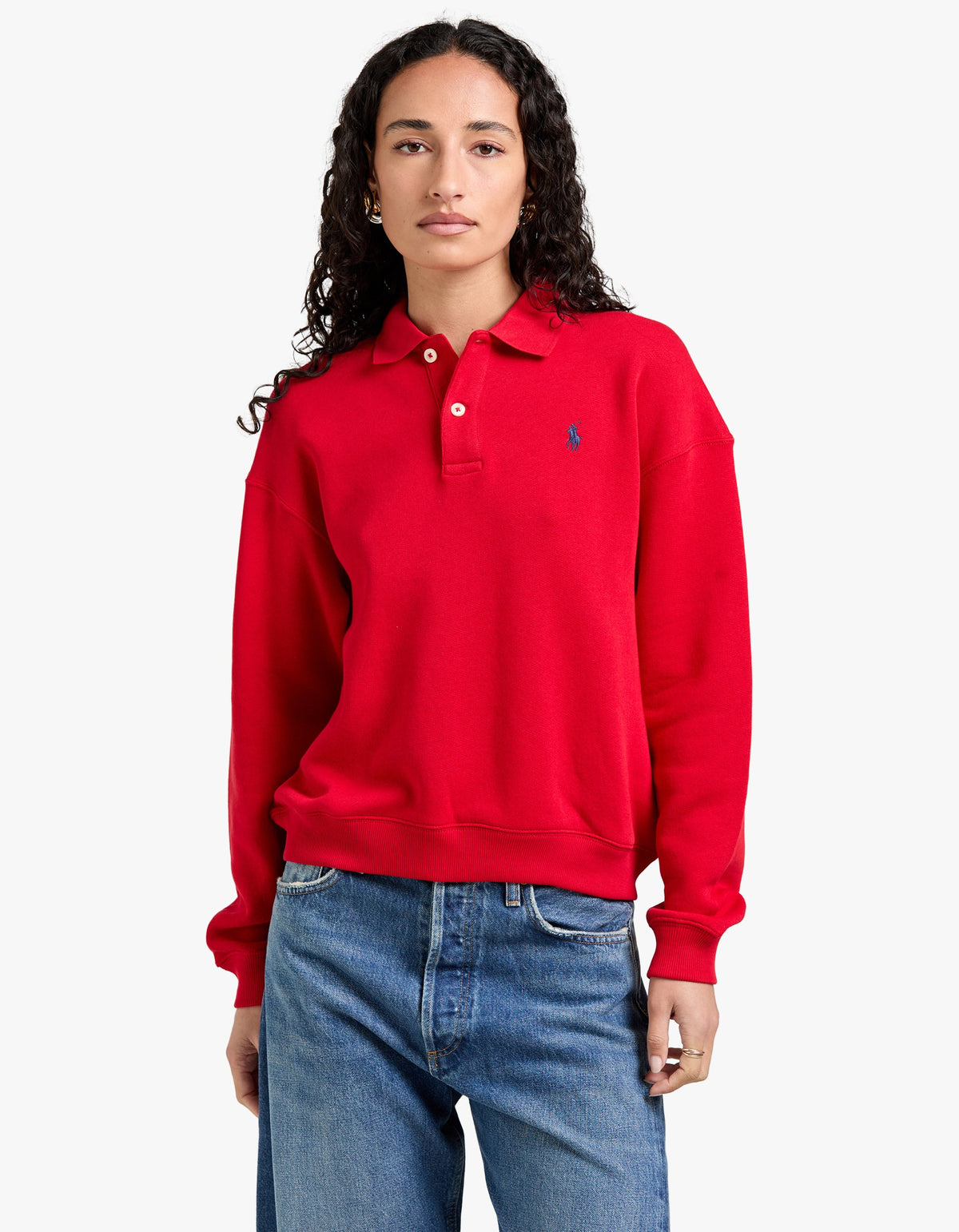 Polo Collar Fleece Pullover - Red