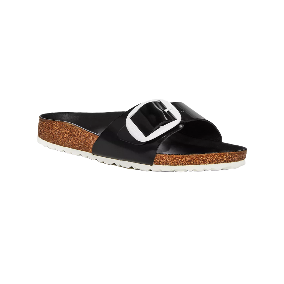 Birkenstock Madrid Big Buckle Natural Leather Patent in High Shine Black White