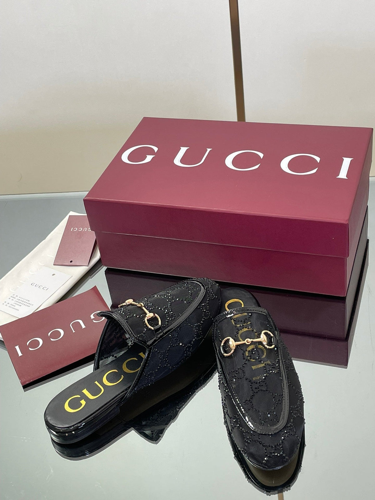 Gucci Crystal GG Patent Loafer Mules – 2025FW