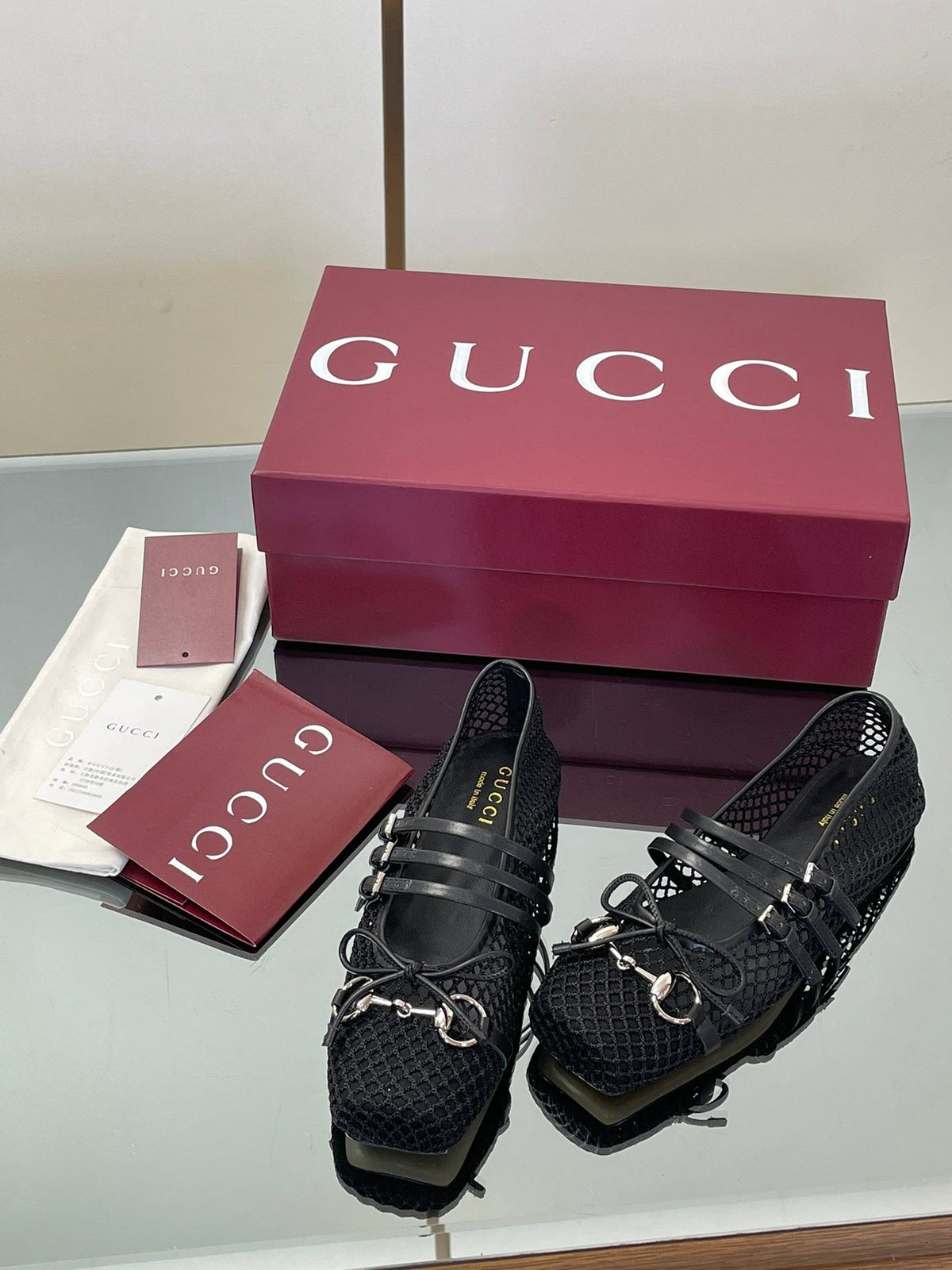 Gucci Horsebit Mesh Square-Toe Ballerina Flats – 25FW
