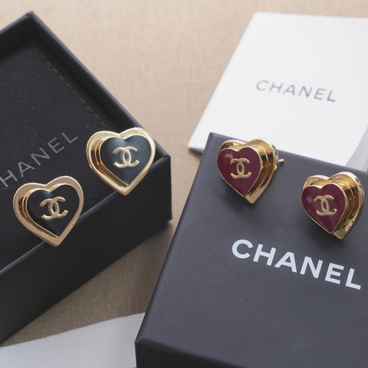 18K Chanel Black & Red Heart Earrings