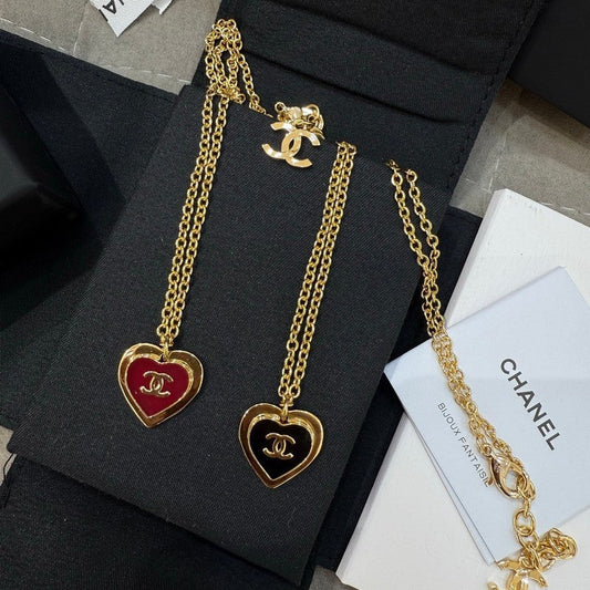 18K Chanel Black & Red Heart Gold Necklace