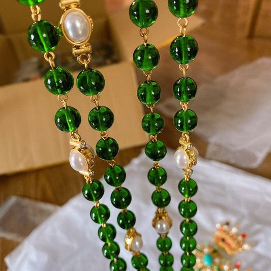 18K Chanel Long Green & White Pearls Necklace