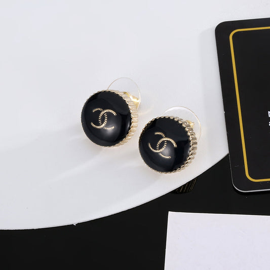 18K Chanel Circle Black Resin Earrings