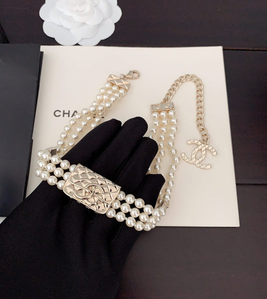 18K Chanel Bag Pearls Chain Necklace