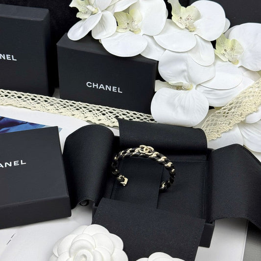 18K Chanel 26C Black Leather Cuff Bracelet