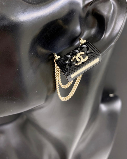 18K Chanel Black Bag Pendant Earrings