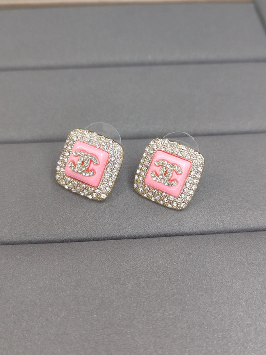 18K Chanel Diamond Square Pink Earrings
