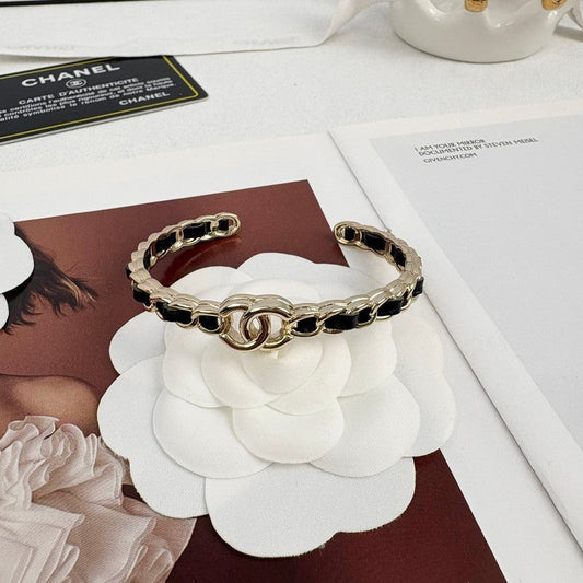 18K Chanel Black Leather Cuff Bracelet
