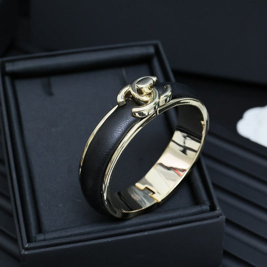 18K Chanel Black Leather Cuff Bracelet
