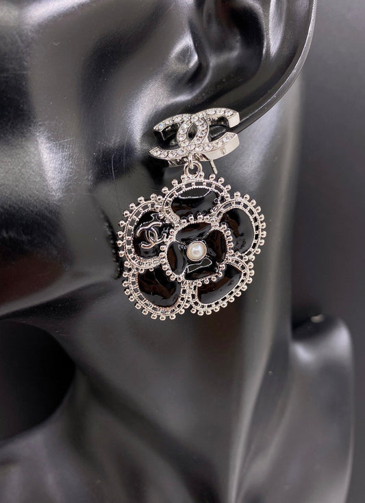 18K Chanel Black Pearl Camellia Earrings