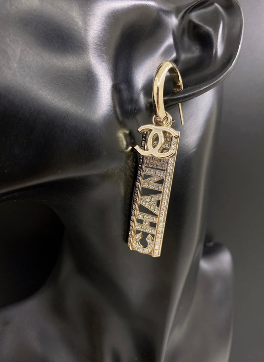 18K Chanel Crystals Long Letter Earrings