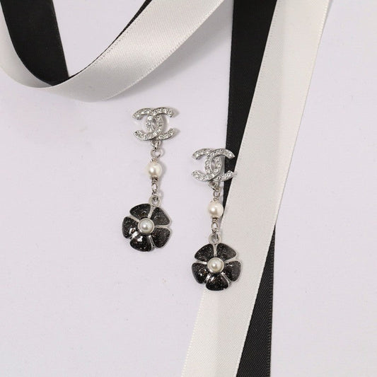 18K Chanel Black & Pink Camellia Diamond Long Earrings