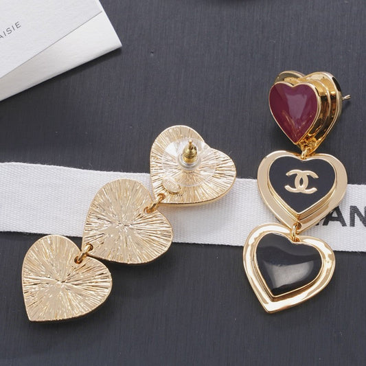 18K Chanel Black & Red Heart Gold Long Earrings