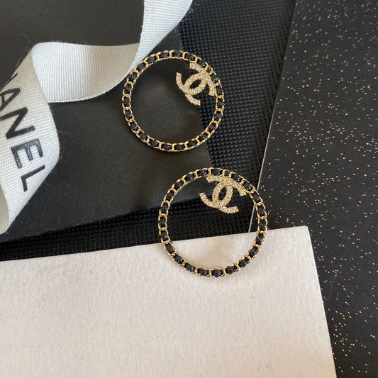 18K Chanel Black Leather Circle Earrings