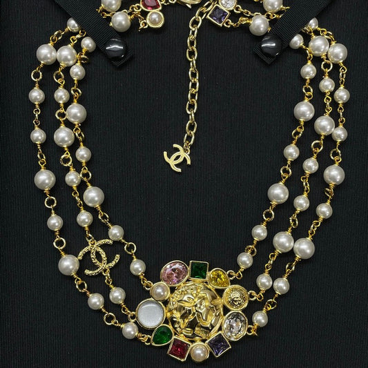 18K Chanel Color Crystal Pearl Chain Necklace