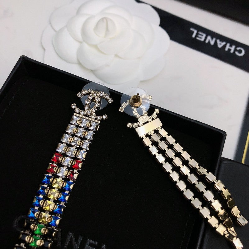 18K Chanel Long Tassel Color Crystal Earrings