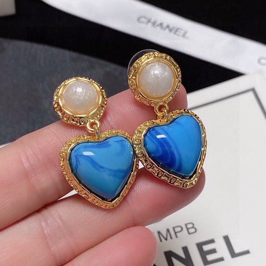 18K Chanel Blue Heart Pearl Earrings