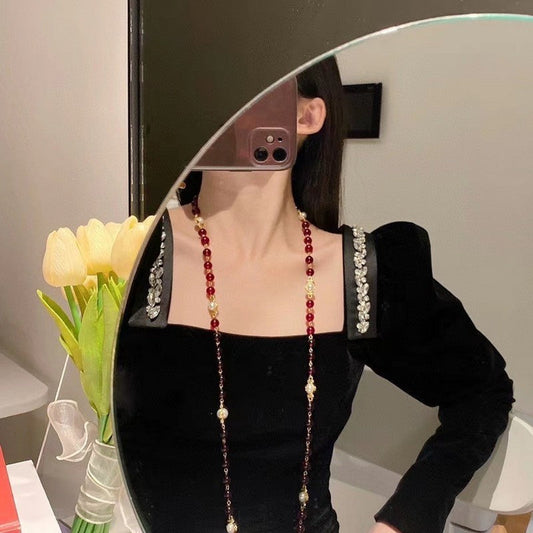 18K Chanel Long Red & White Pearls Necklace