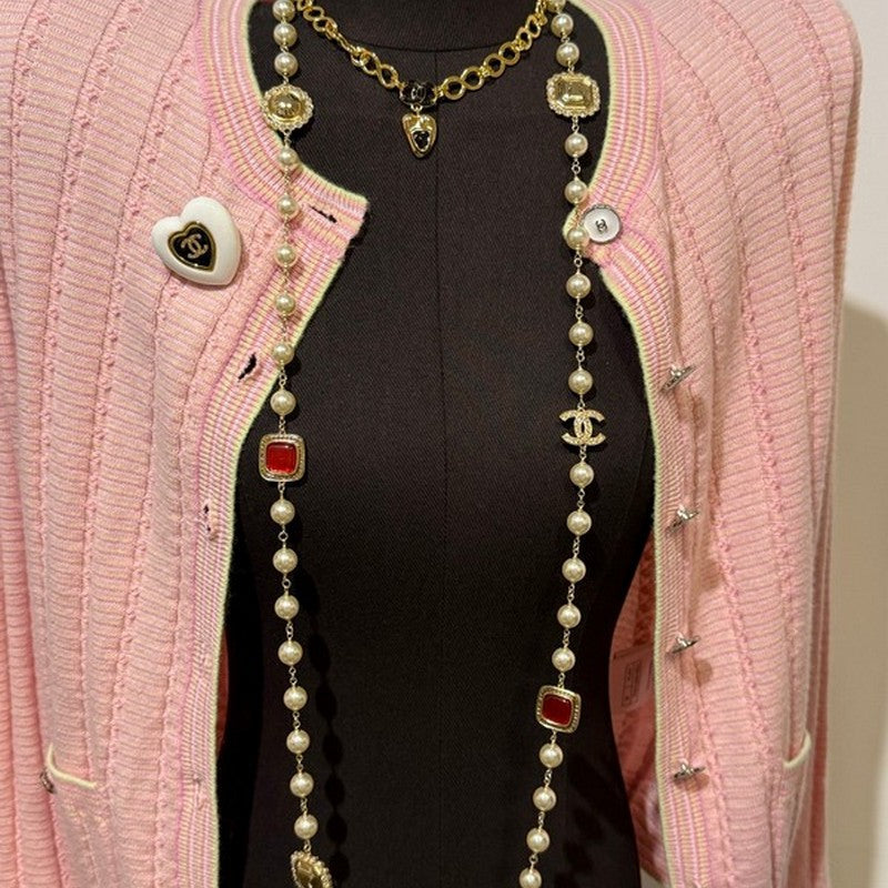18K Chanel Long Pearl Red Crystals Necklace