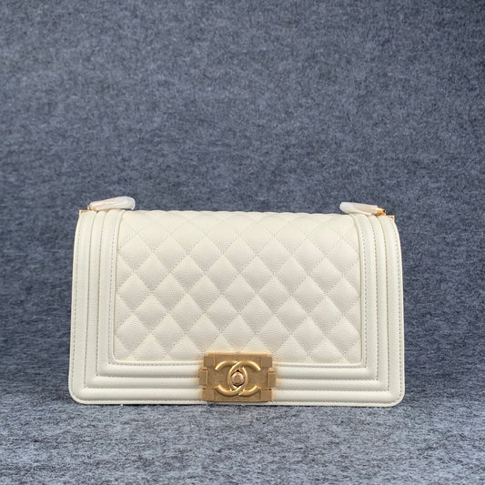 Chanel Boy Old Medium Flap Bag Off White Caviar Leather