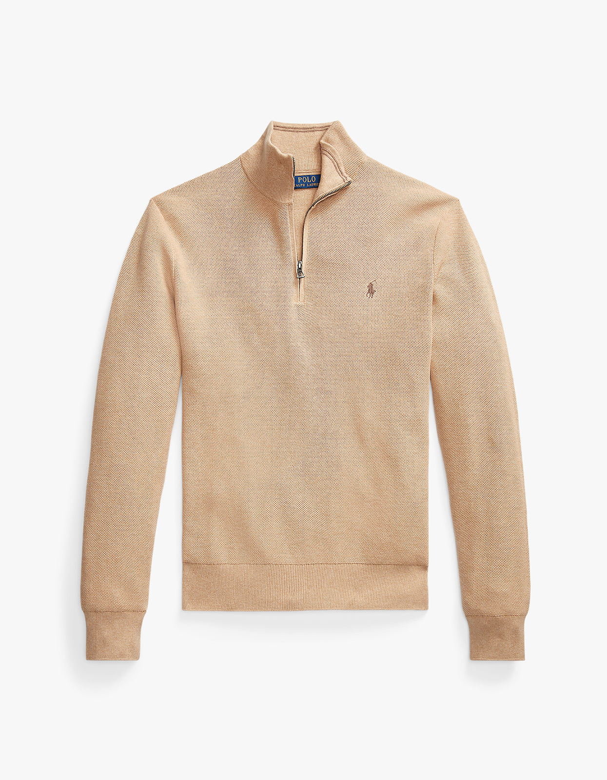 Mesh Knit Cotton Quarter Zip Sweater - Camel Melange