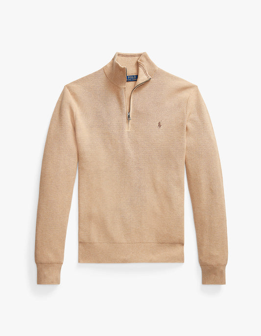 Mesh Knit Cotton Quarter Zip Sweater - Camel Melange