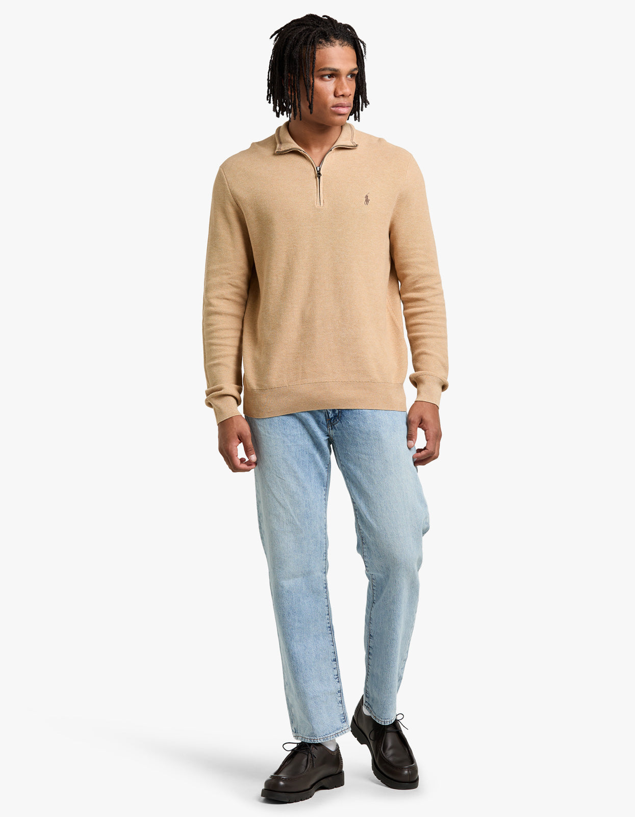 Mesh Knit Cotton Quarter Zip Sweater - Camel Melange