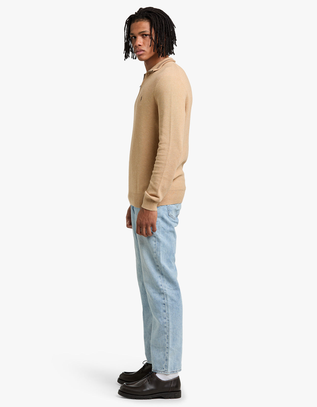 Mesh Knit Cotton Quarter Zip Sweater - Camel Melange
