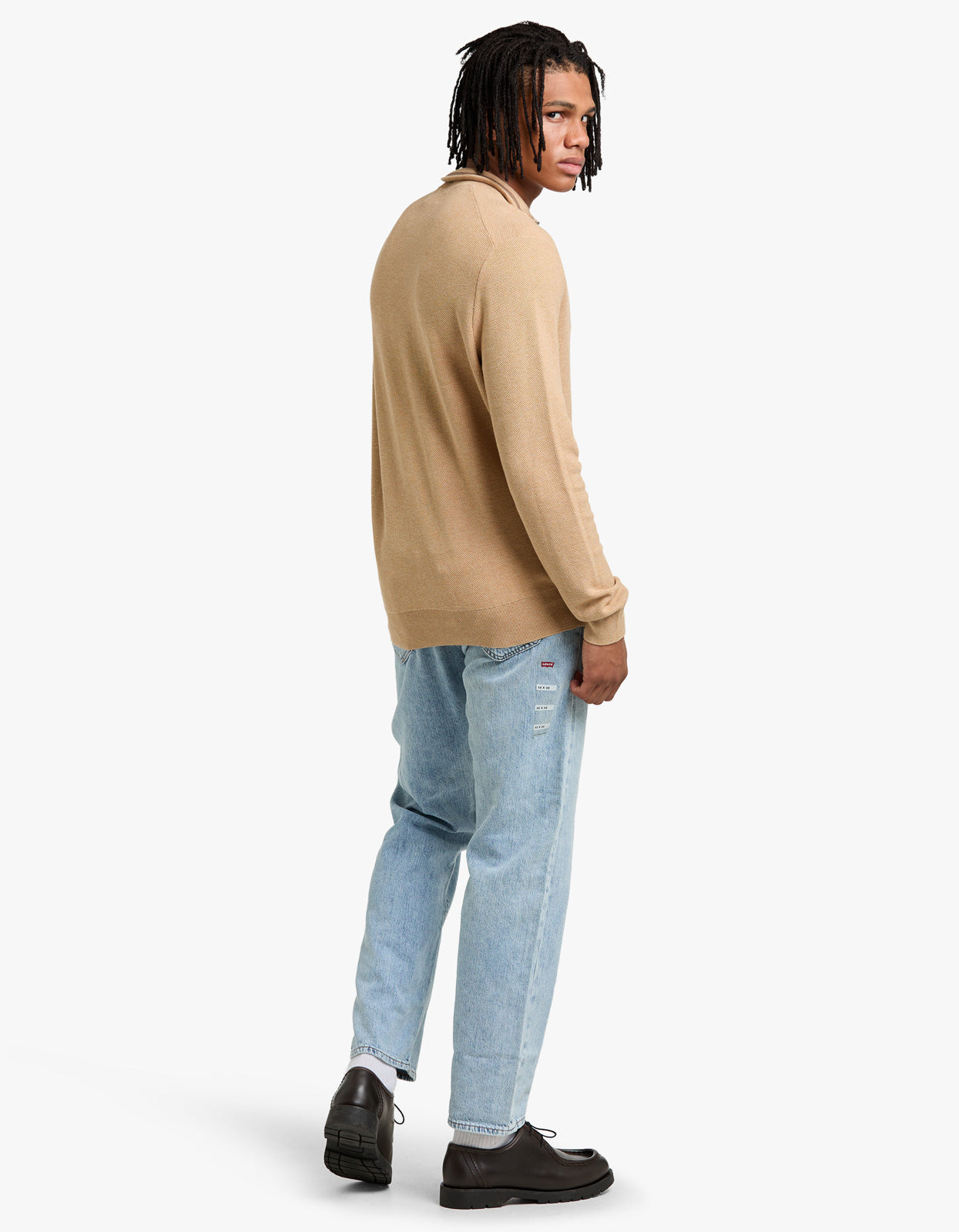 Mesh Knit Cotton Quarter Zip Sweater - Camel Melange
