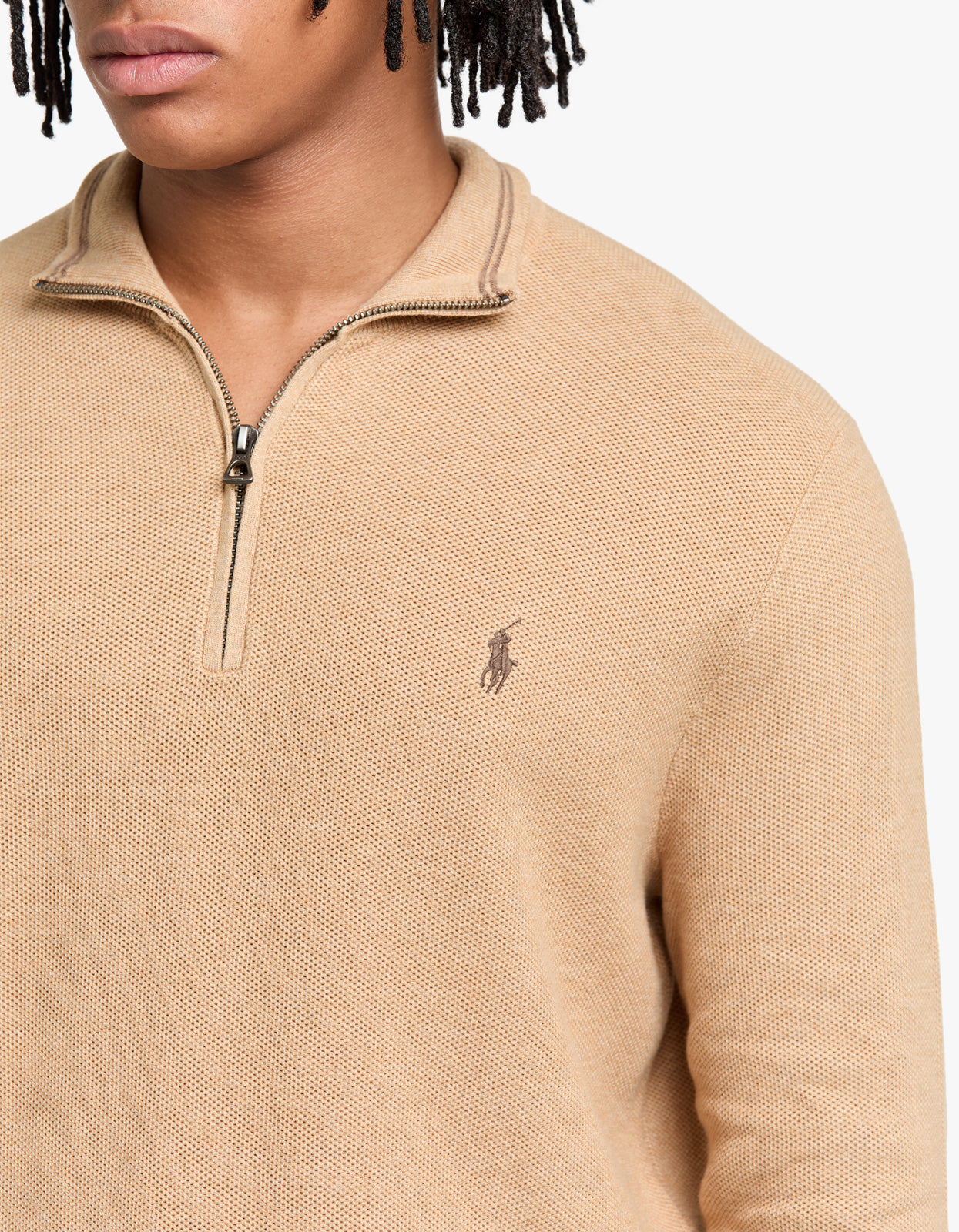 Mesh Knit Cotton Quarter Zip Sweater - Camel Melange