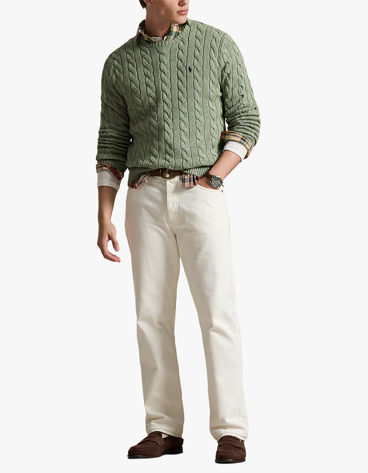 Cable Knit Cotton Sweater - Fern Green Heather