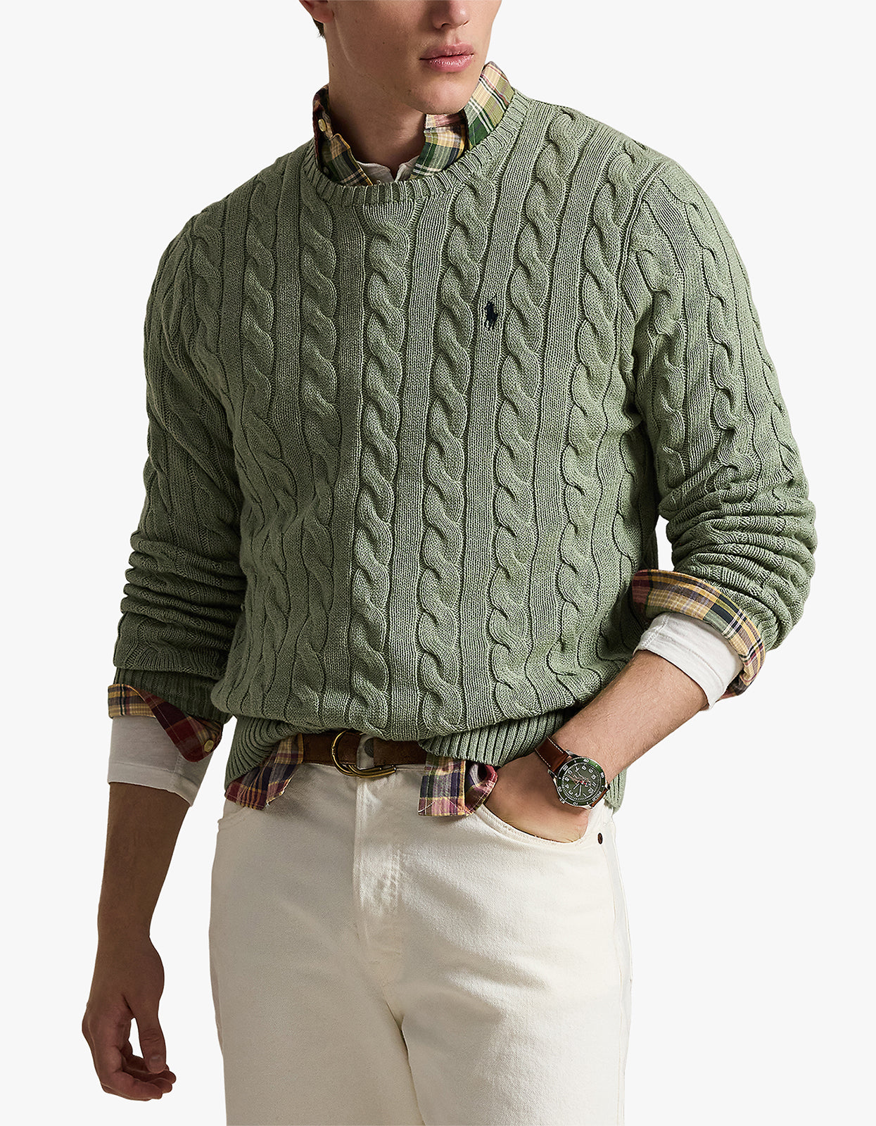 Cable Knit Cotton Sweater - Fern Green Heather