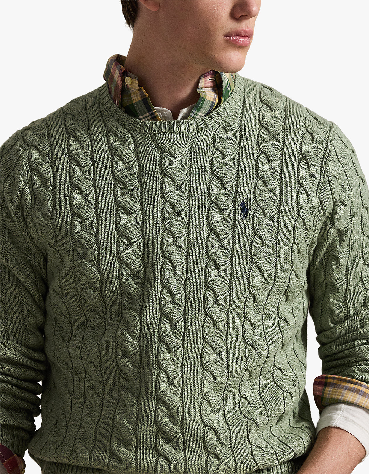 Cable Knit Cotton Sweater - Fern Green Heather