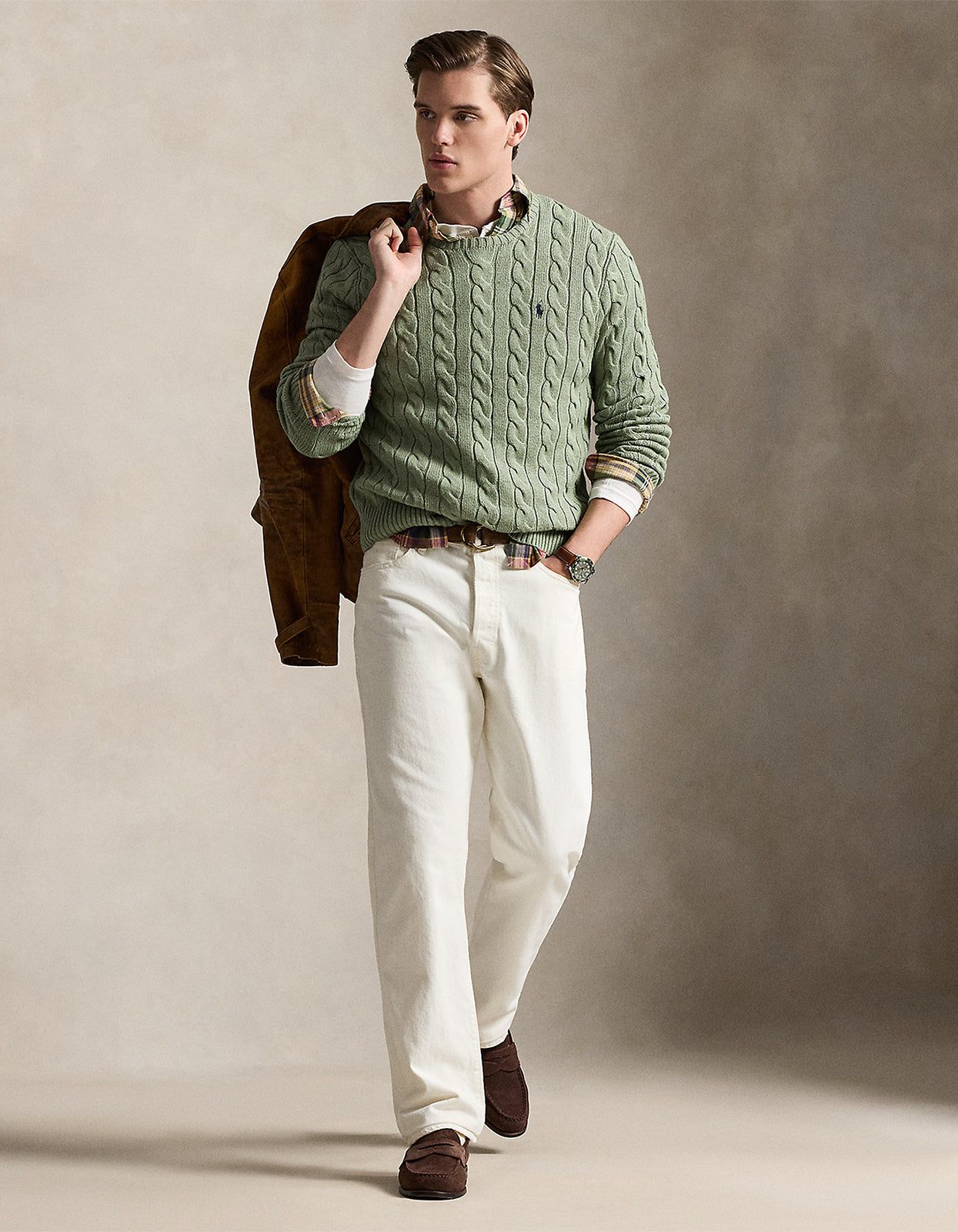 Cable Knit Cotton Sweater - Fern Green Heather