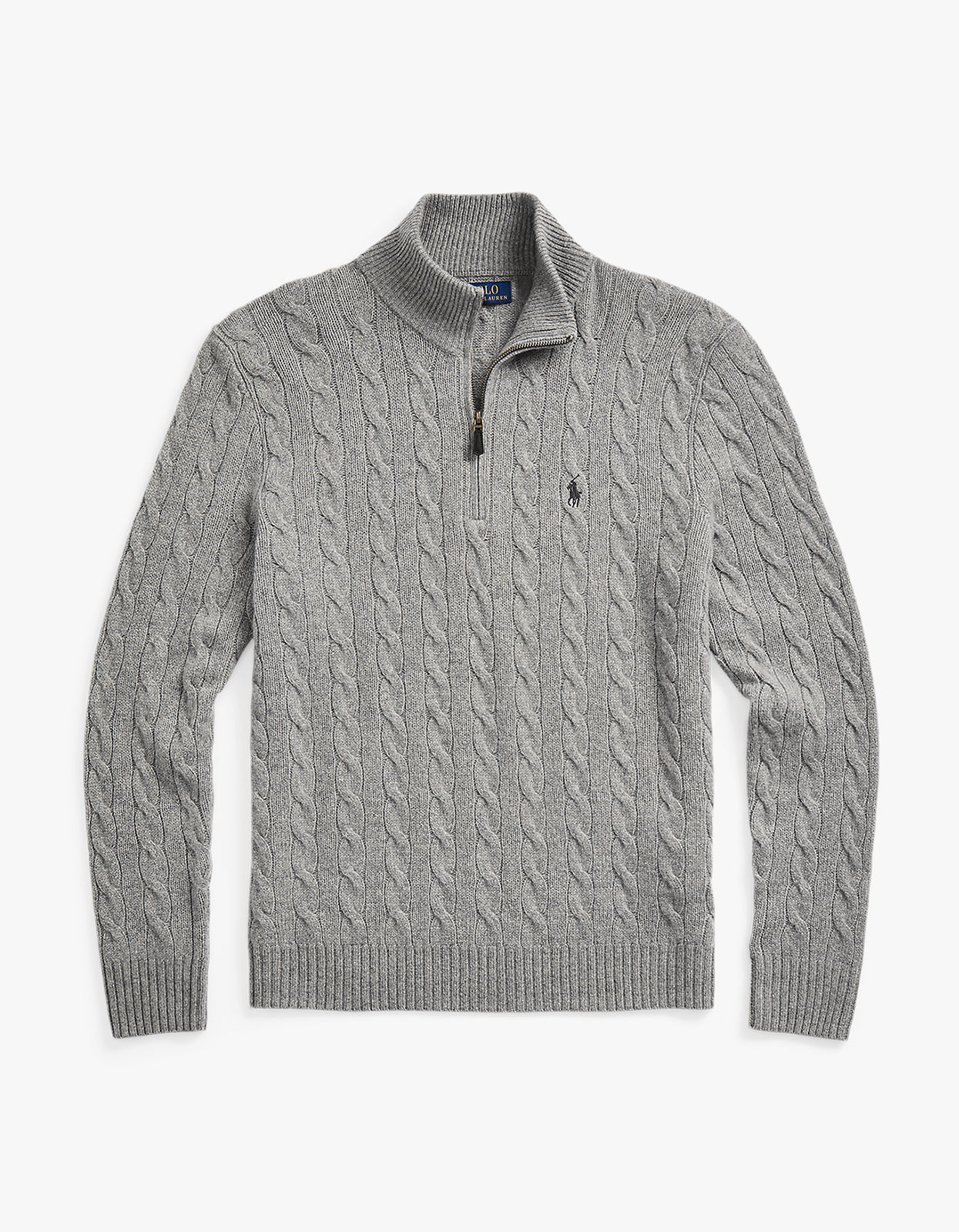 Cable Knit Cotton Quarter Zip Sweater - Fawn Grey Heather