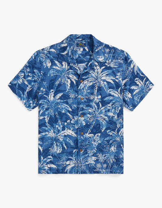 Classic Fit Tropical Print Linen Shirt - 6710 Indigo Palm Shadow