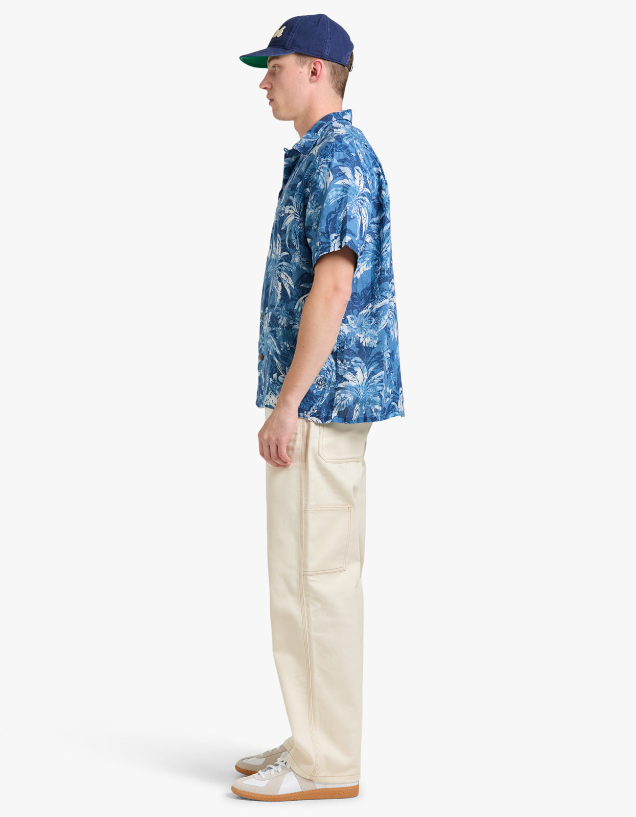 Classic Fit Tropical Print Linen Shirt - 6710 Indigo Palm Shadow
