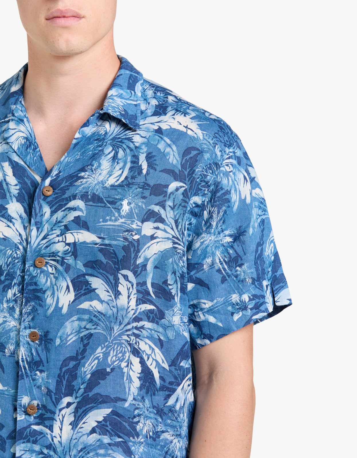 Classic Fit Tropical Print Linen Shirt - 6710 Indigo Palm Shadow