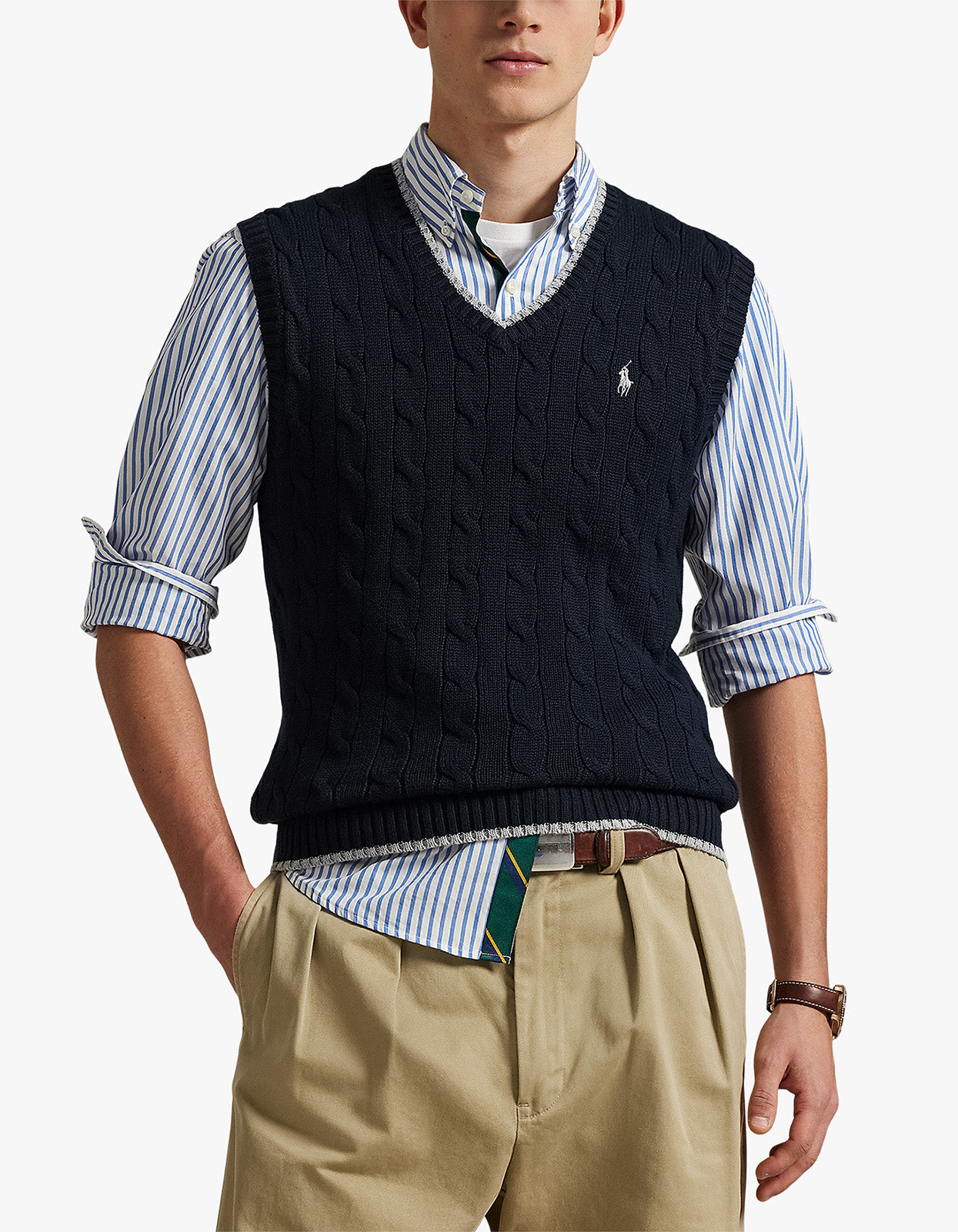 Cable Knit Cotton Sweater Vest - Hunter Navy Combo