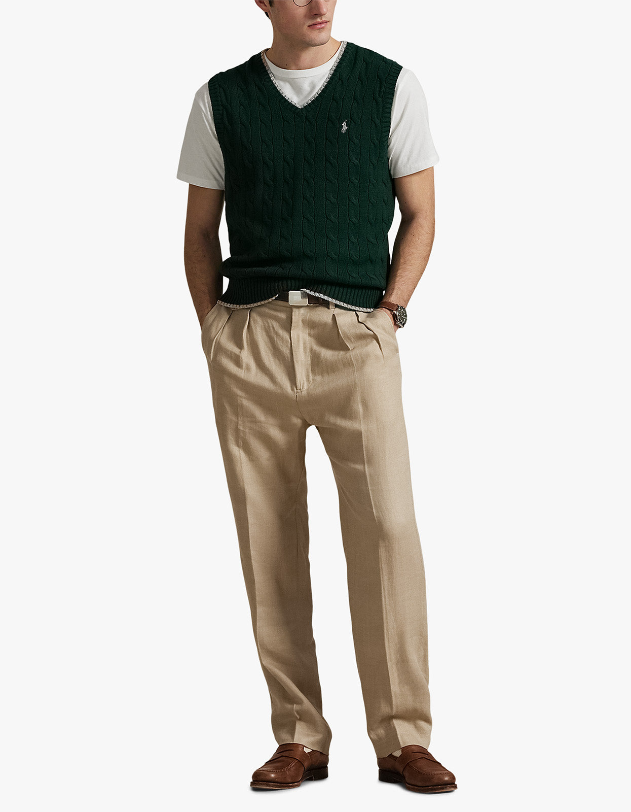 Cable Knit Cotton Sweater Vest - College Green Combo
