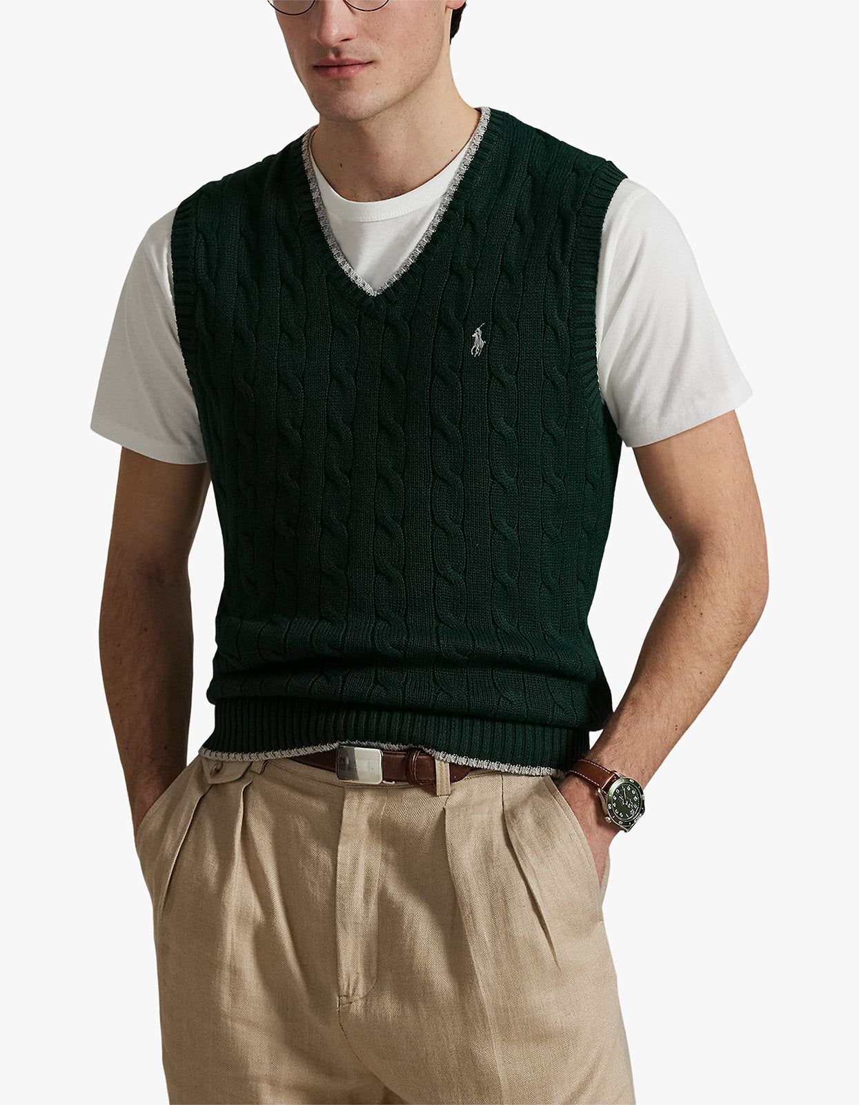 Cable Knit Cotton Sweater Vest - College Green Combo