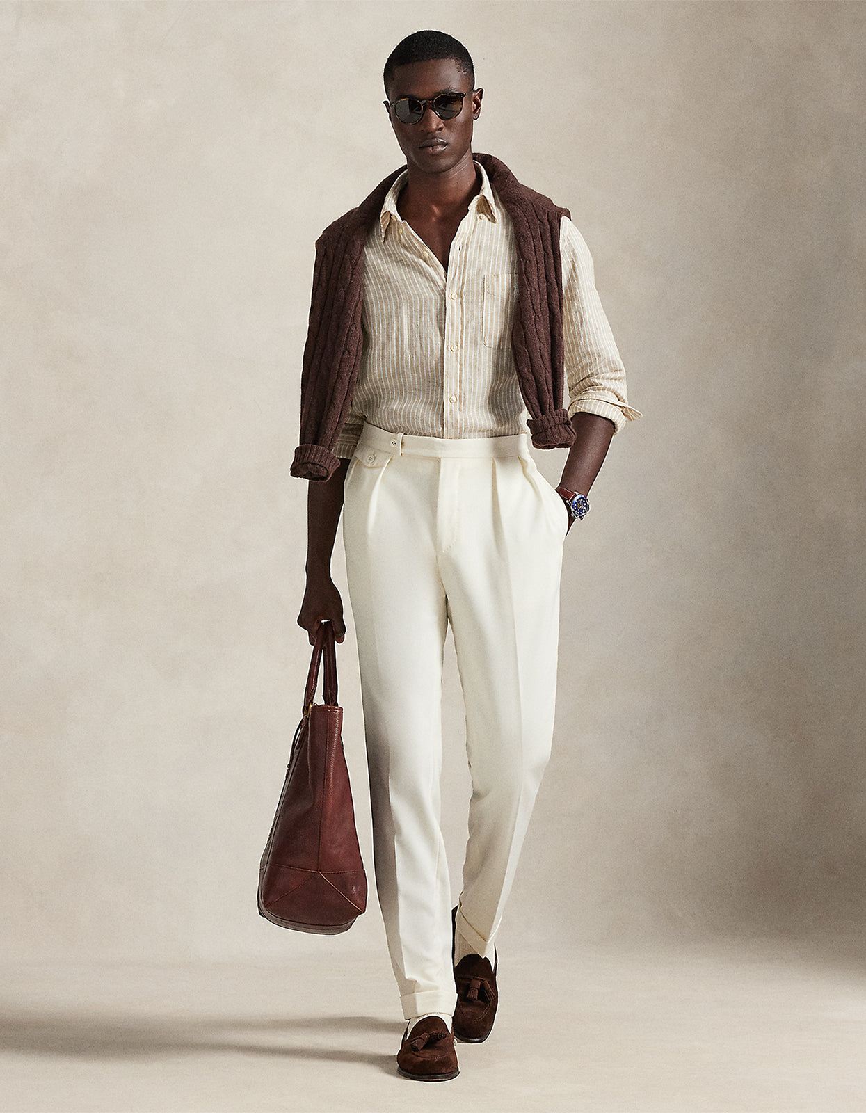 Custom Fit Striped Linen Shirt - 52F Costal Beige/White