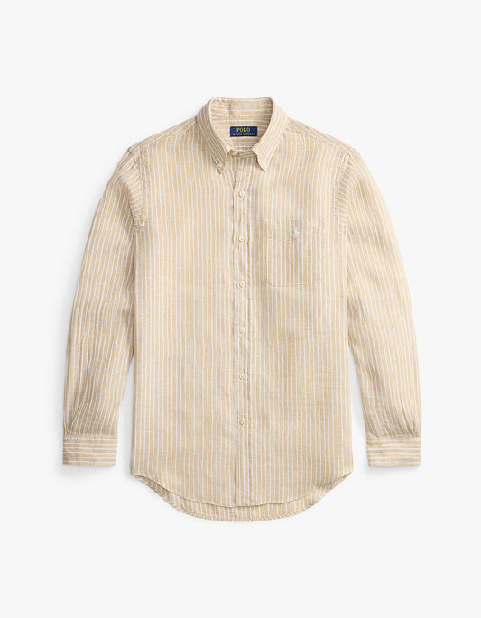 Custom Fit Striped Linen Shirt - 52F Costal Beige/White