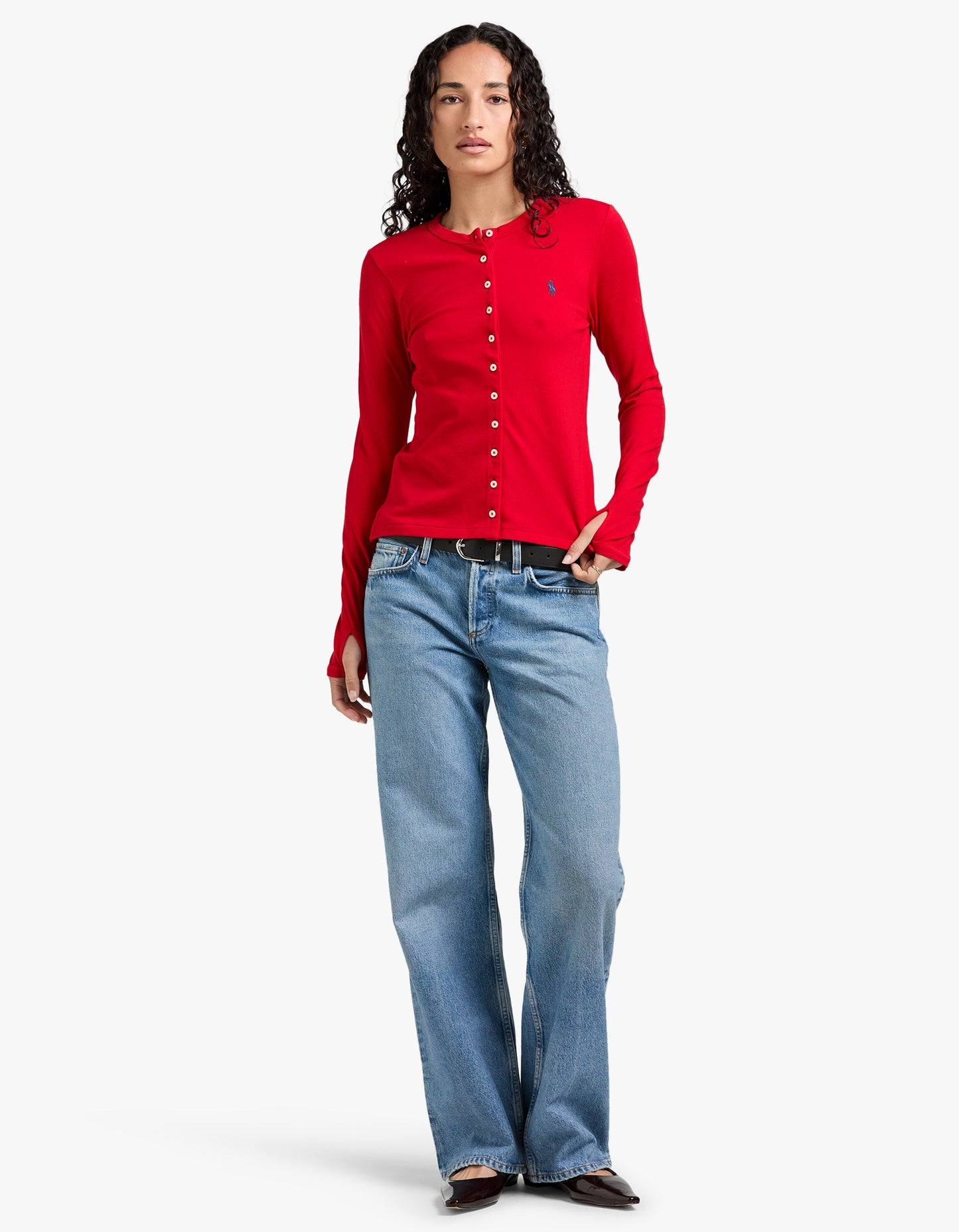 Stretch Mesh Cotton Crewneck Cardigan - Red