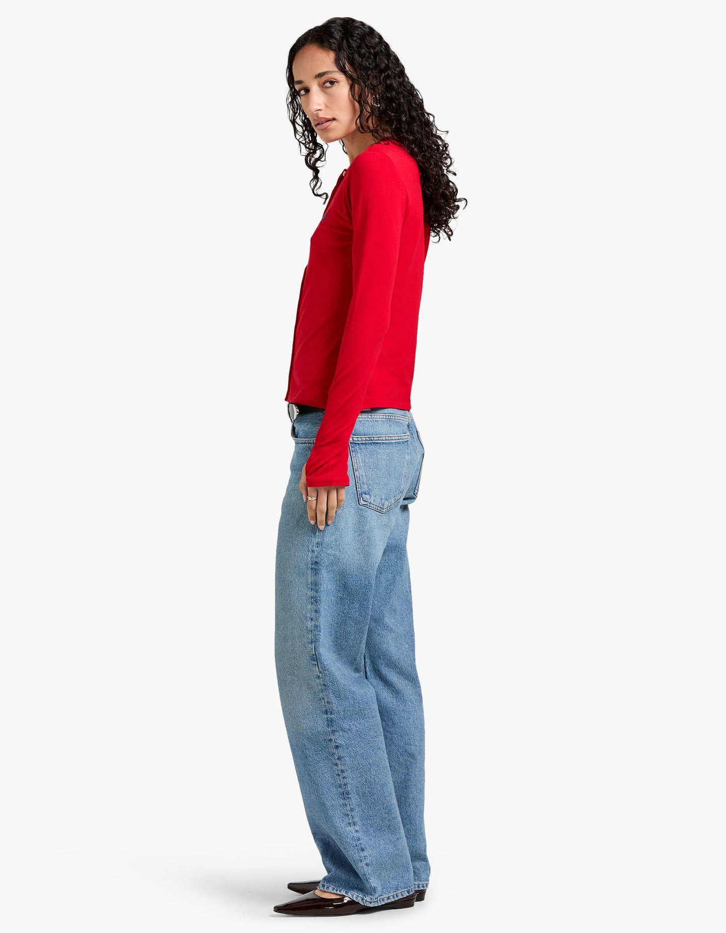 Stretch Mesh Cotton Crewneck Cardigan - Red